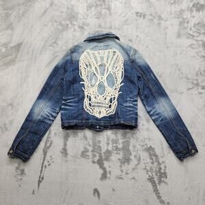 Vintage Y2K 1st Kiss Jacket Womens M Blue Denim Crop Crochet Skull‎ Back Detail